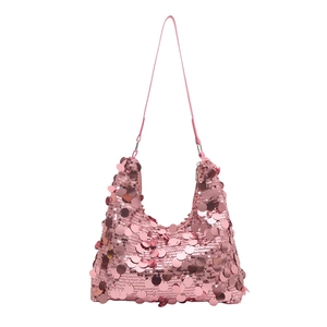 Pink sequin hobo shoulder bag with shiny metallic accents for women autumn fashion