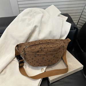 Women Corduroy Waist Bag Heart Bow Pattern Casual Chest Bag Crossbody Purse Adjustable Strap Streetwear Fashion