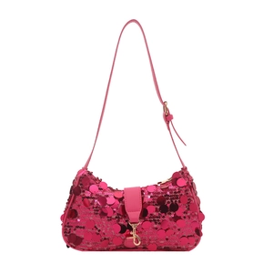 Chic pink sequin shoulder bag for women with adjustable strap and metallic buckle detail