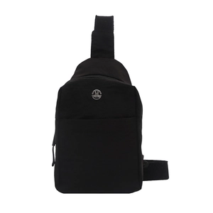 Waterproof black nylon crossbody chest bag with front zipper and metal logo on white background