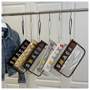 Hanging set of transparent PVC snack bags with colorful letter patches and leopard prints