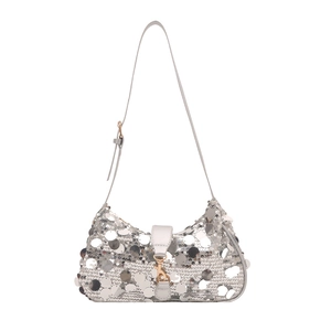 Chic silver sequin shoulder bag with golden metallic clasp and slim leather strap