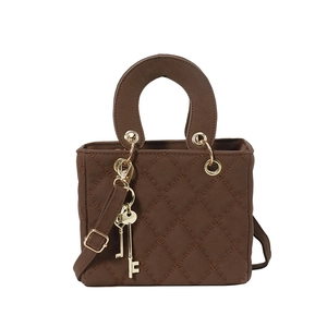 Deep brown quilted crossbody handbag with rhombus stitching and golden key charms