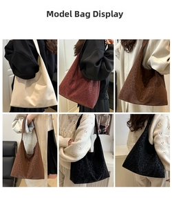 Collage of model wearing vintage suede tote bags in various colors and leopard prints