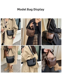 Collage of leather hobo bag in black and brown, showing various crossbody styling options