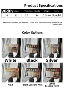 Size chart for transparent PVC snack bag showing dimensions 32x21cm and rainbow lettering
