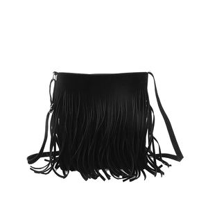 Sac à main noir pour femme en suédine avec longues franges et bandoulière fine