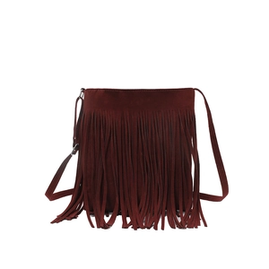 Retro burgundy faux suede shoulder bag with long bohemian tassels and adjustable strap