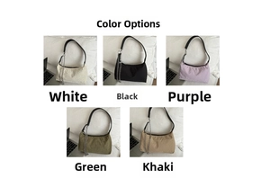 Detail of nylon shoulder bags in five colors with metal chains and ruched fabric texture