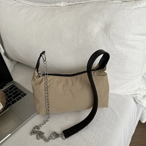 Nylon Pleated Underarm Bag With Silver Metal Chain Trendy Retro Crossbody Shoulder Bag For Women Daily Versatile