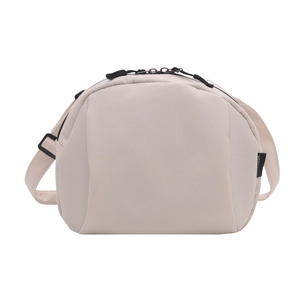 Minimalist beige nylon crescent crossbody bag with zipper and brand label detail