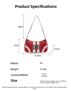 Detailed view of red and white PU shoulder bag with number 96 print and dimensions