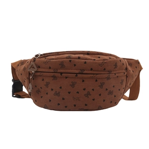Brown corduroy waist bag with heart and bow patterns in a casual crescent shape