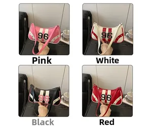 Collage of retro sporty underarm bags in pink, white, black, and red with number 96 patch