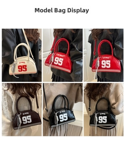 Collage of multi-color vintage mini bowling bags shown in different carrying styles
