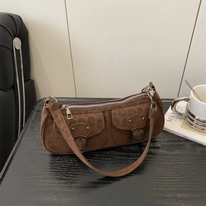 Women Underarm Bag Leopard Print PU Leather Suede Texture Retro Y2K Style Double Pockets Metal Buckle Niche Fashion Shoulder Bag