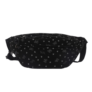 Black bow and heart print fanny pack with Sweet Candy text and adjustable strap