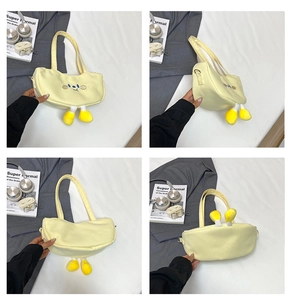 Multi-angle view of a cute yellow canvas bag featuring a cartoon face and plush legs