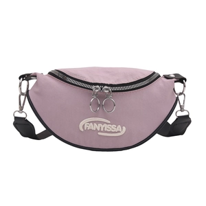Pink crescent nylon crossbody bag with FANYISSA embroidery and dual ring zipper