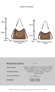 Size chart showing large and small canvas shoulder bags with detailed measurements