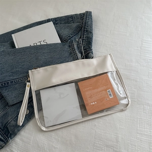 Chic cream leather and transparent PVC clutch bag with zipper and hand strap
