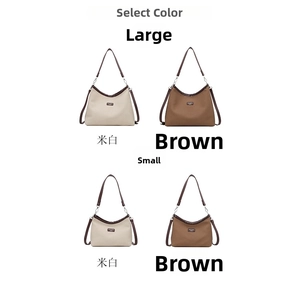 Comparison view of minimalist canvas shoulder bags in cream and brown with size options