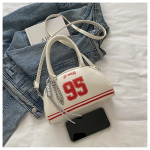 Detail of white vintage Los Angeles 95 bowling bag with silver chain and strap