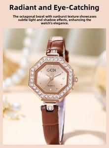 Details des roségoldenen achteckigen Uhrengehäuses mit Kristalllünette und Lederarmband