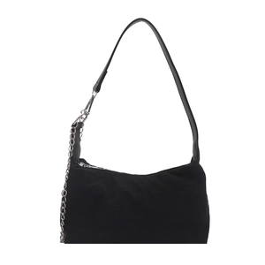 Minimalist black nylon shoulder bag with silver chain strap and matte texture
