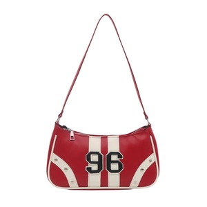 Red and white racing-style underarm bag with silver rivets and number 96 design
