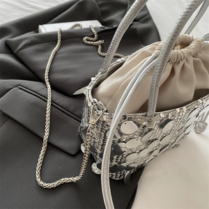 Silver sequin bucket bag with drawstring liner and metallic chain strap for women
