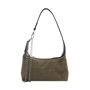 Army green pleated tote bag with black leather strap and silver metal chain accessory