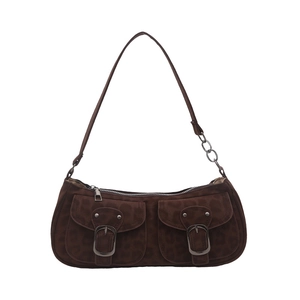 Brown vintage leopard embossed underarm bag with double front pockets and metal chain strap