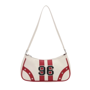 Retro cream shoulder bag with red stripes and number 96 embroidery in a 45-degree angle