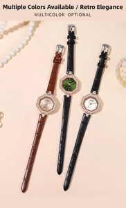 Detailansicht kleiner achteckiger Quarzuhren mit Strass-Lünette und Lederarmbändern