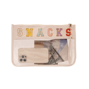 Bolso de mano de PVC transparente con ribete crema y bordado colorido de SNACKS
