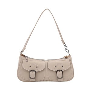 Vintage off-white faux leather underarm bag with double front pockets and silver buckles