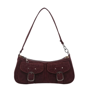 Retro burgundy suede underarm bag with double front pockets and silver buckle details