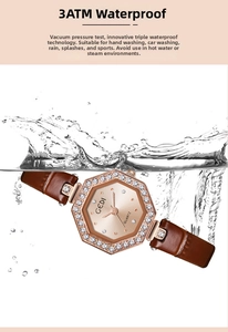Wasserdichte GEDI Uhr mit Kristalllünette und braunem Lederarmband beim Spritztest
