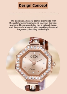Detail der GEDI achteckigen Roségold-Uhr mit Kristalldiagonale und braunem Lederband