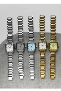 Détails de montres à quartz carrées avec guichet date et bracelets métalliques divers