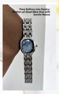 Detail view of Gedi silver square watch with blue mother-of-pearl dial and Roman numerals