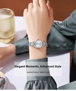 Detailed view of GEDI minimalist silver steel strap watch on wrist with sunray texture dial