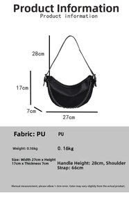 Detailed size specifications for the black PU leather crescent bag with silver chain strap