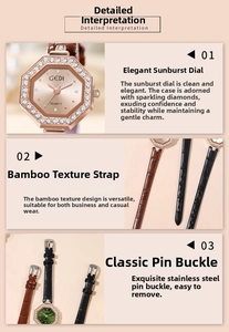 Detailansicht der achteckigen Diamantlünette, des Zifferblatts und des Lederarmbands