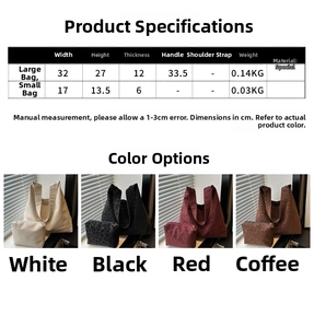 Size chart showing large leopard tote and small pouch dimensions and material details