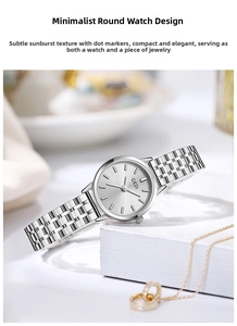 Minimalist GEDI women's silver steel strap quartz watch in a lifestyle setting