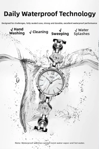 Détail de la montre GEDI avec bracelet à fleurs et éclaboussures d'eau pour l'étanchéité