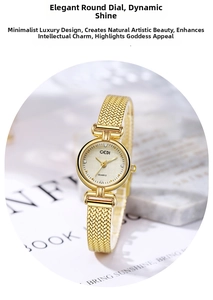 Detail of elegant gold woven mesh band and minimalist round quartz dial on female watch