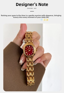 Detail of Gedi gold quartz watch featuring a vintage red oval dial and Roman numerals